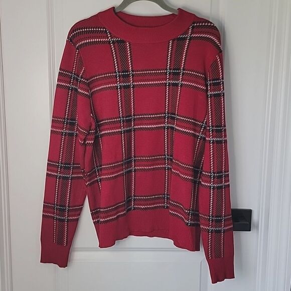 United States Sweater Red Plaid Mock Neck  Sweater - Size Large - Picture 1 of 11